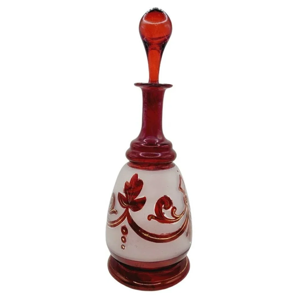 Vintage Bohemian Ruby Red Decanter Frosted Glass Painted Gold Gilding 9